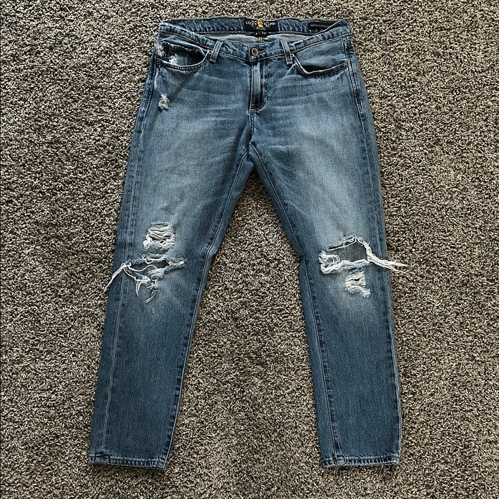 Blue Boyfriend Jeans with Distressed Rips and Cropped Length